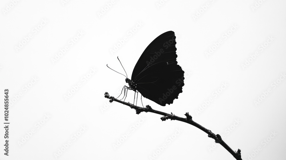 Obraz premium Minimalist image of a butterflyas black silhouette gently perched, with a white background emphasizing the delicate contrast.
