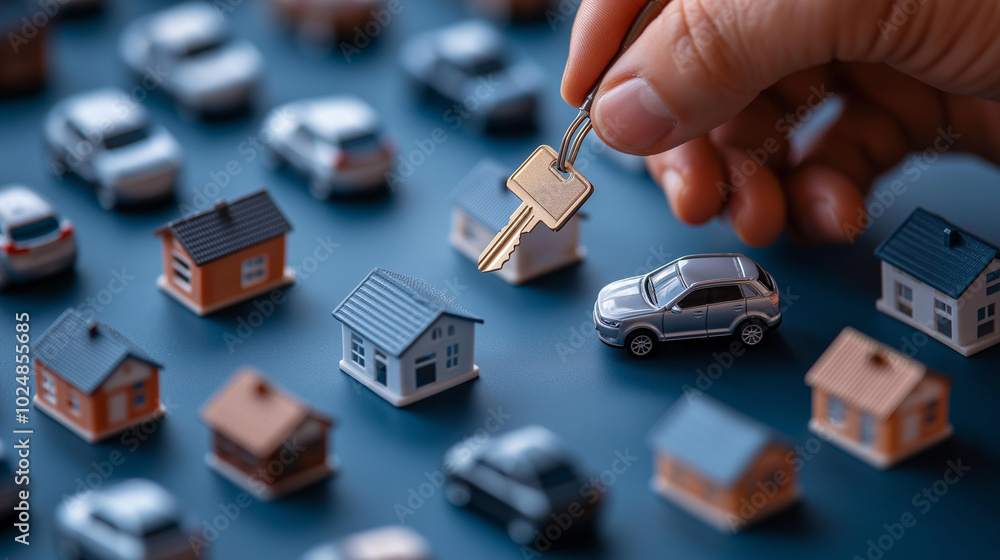Fototapeta premium A hand holds a key over a miniature car and houses, symbolizing a choice in real estate.