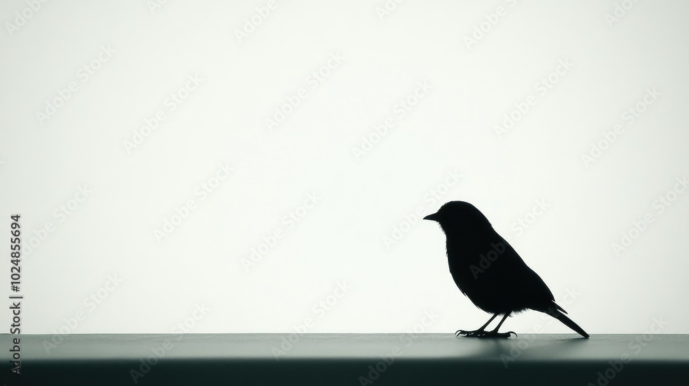 Fototapeta premium Minimalist scene of a birdas black silhouette sitting quietly, outlined against a vivid white background, creating a dramatic contrast.