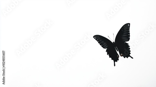 Butterfly in flight, captured as a black silhouette, standing out vividly against a stark white background for a minimalist scene.