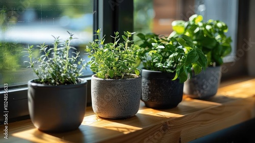 Wallpaper Mural Fresh herbs growing in pots on a wooden windowsill bathed in sunlight during a tranquil morning. Generative AI Torontodigital.ca