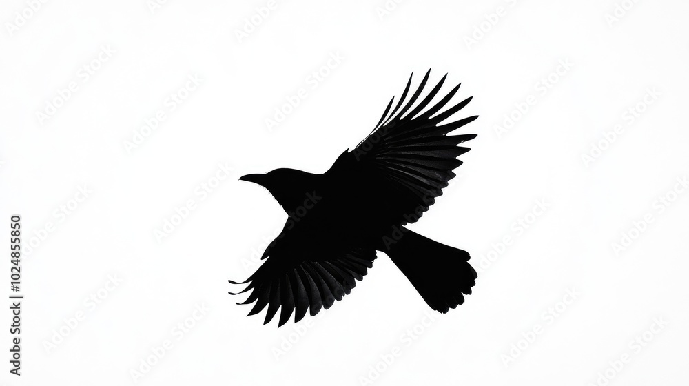 Obraz premium Silhouette of a bird in flight, its black form contrasting sharply with the pure white background in a minimalist scene.