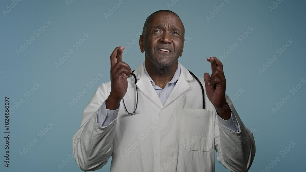 Hopeful african american man doctor male medical worker healthcare employee crosses fingers make wish in studio blue background ask help believe in victory waiting great result pray recovery dreaming Hopeful african american man doctor male medical worker healthcare employee crosses fingers make wish in studio blue background ask help believe in victory waiting great result pray recovery dreaming