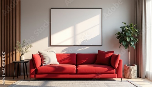 minimalistic interrior desighn with red sofa and blank canvas mockup on a wall. A 3D render of a minimalist living room with a blue velvet red sofa and a large square picture frame on a wall