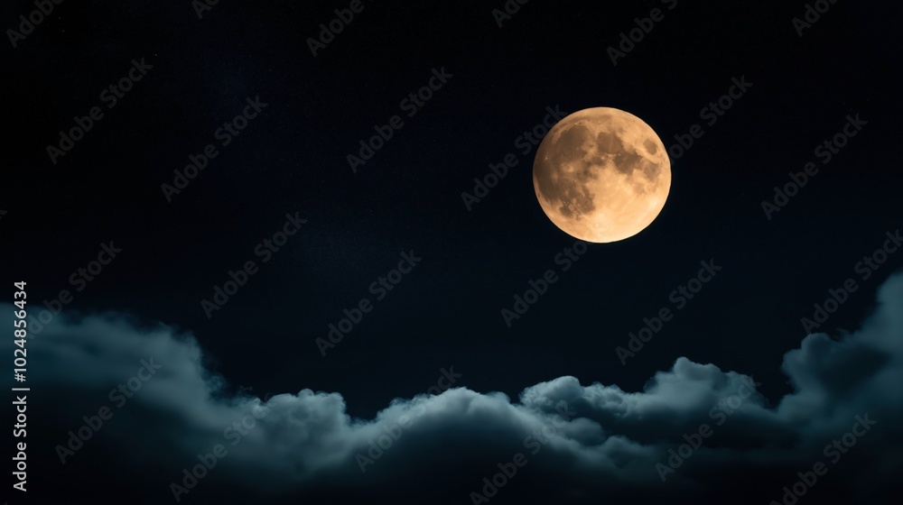 Full moon illuminating a dark night sky above a layer of fluffy clouds Full moon illuminating a dark night sky above a layer of fluffy clouds