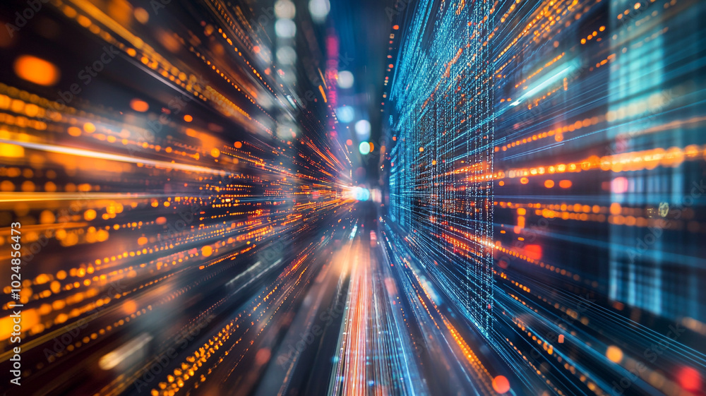 Abstract digital data stream illuminated by colorful light trails in a futuristic setting Abstract digital data stream illuminated by colorful light trails in a futuristic setting