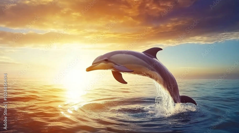 Fototapeta premium Dolphin Leaping Above Serene Ocean at Sunset
