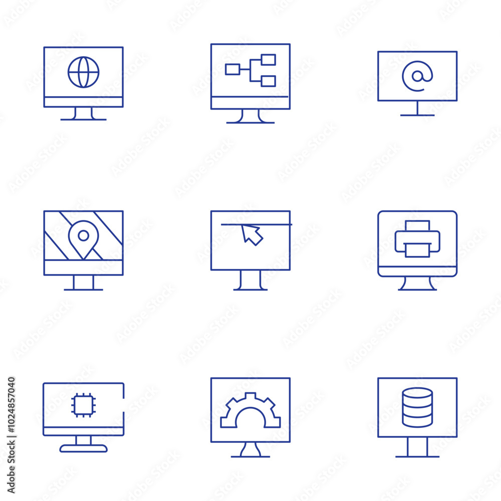 Computer screen icons set. Thin Line style, editable stroke. settings, computer, screen, arroba Computer screen icons set. Thin Line style, editable stroke. settings, computer, screen, arroba