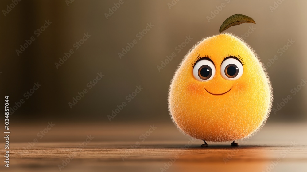 Cute cartoon character resembling a fuzzy, yellow-orange fruit with a smiling face and large eyes, standing on a wooden surface, featuring a single green leaf on top. Cute cartoon character resembling a fuzzy, yellow-orange fruit with a smiling face and large eyes, standing on a wooden surface, featuring a single green leaf on top.