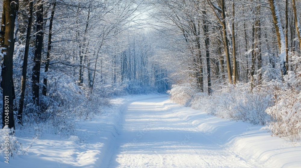 Obraz premium Snowy trail leading into a winter forest with an open sky for text or graphics