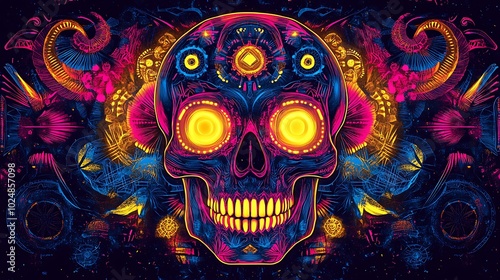 A skull adorned with luminous tribal patterns, featuring geometric shapes and intricate lines glowing in neon pink, yellow, and blue.