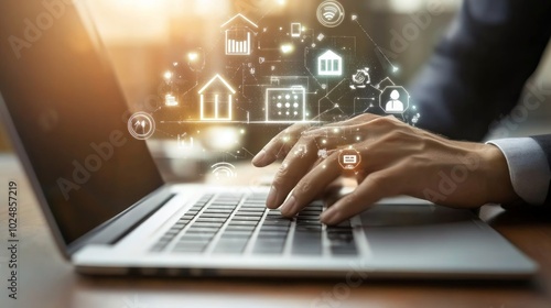 A person's hand typing on a laptop keyboard with digital icons hovering above.