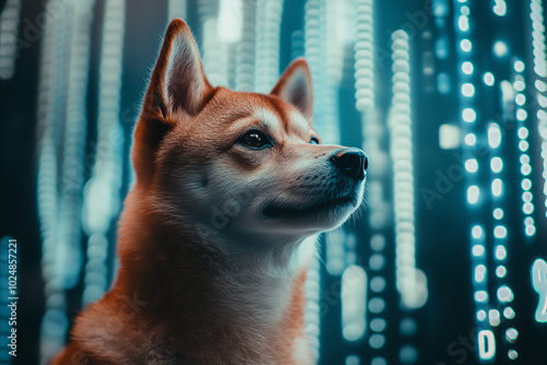 A portrait of a Shiba Inu dog against a glowing neon technology background photo