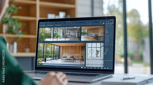 Fototapeta Naklejka Na Ścianę i Meble -  Architect designing modern interiors on laptop with 3d modeling software