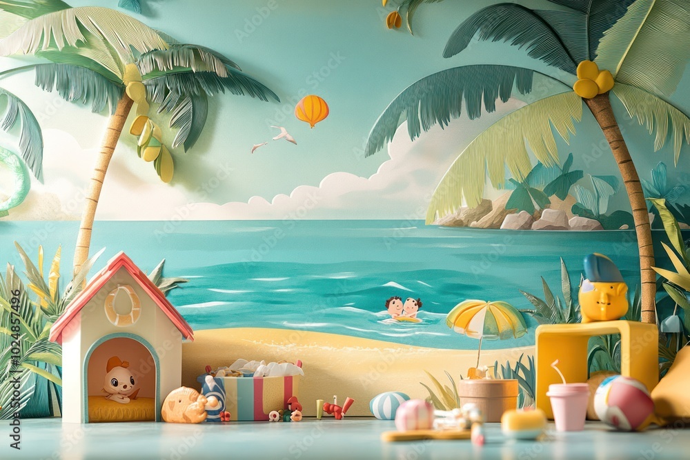 Obraz premium A colorful beach scene with a beach house, palm trees, beach toys, and a couple swimming in the ocean.