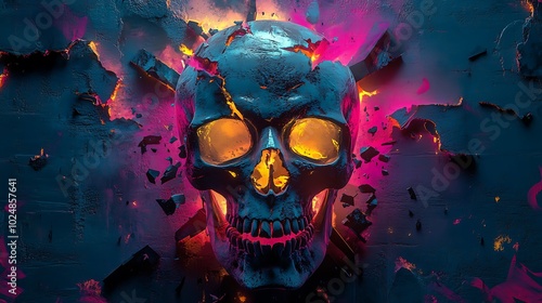 A skull breaking apart into sharp geometric shards, each piece glowing with neon colors and surrounded by chaotic graffiti strokes. Vibrant hues of cyan, magenta,