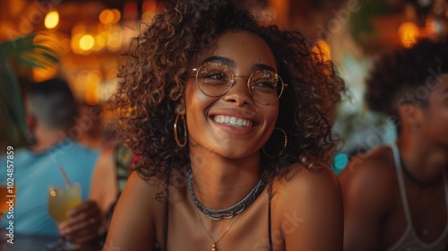 A joyful woman enjoys a vibrant night out at a busy bar, surrounded by friends in a lively atmosphere. Generative AI