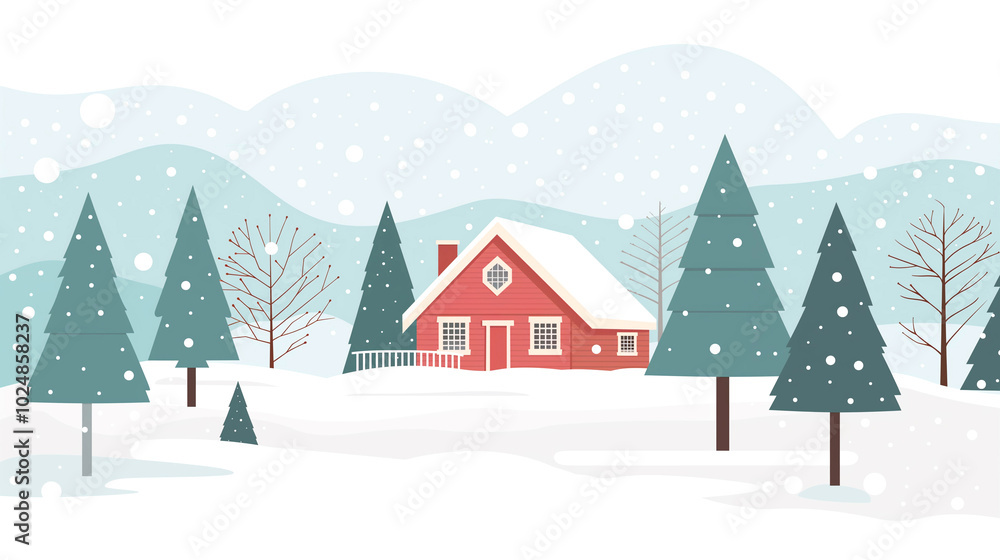 Flat illustration featuring a cozy house set against a serene winter landscape, perfect for winter-themed designs Flat illustration featuring a cozy house set against a serene winter landscape, perfect for winter-themed designs