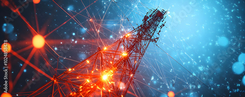 Telecommunication tower connecting global network with lines and nodes, symbolizing the power of communication technology