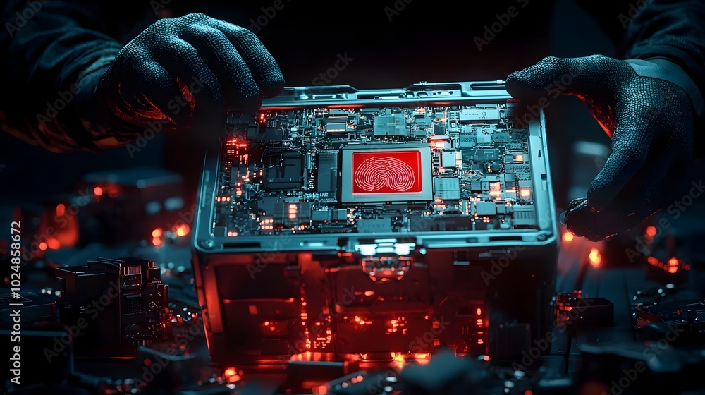 Fototapeta premium High Tech Fingerprint Scanner Embedded in a Detective s Briefcase Scanning Surfaces for Vital Clues During a Criminal Investigation Futuristic Cyberpunk Style Security and Forensic Technology