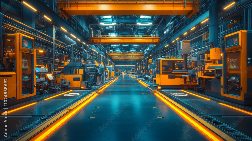 Futuristic Smart Factory Interior with Advanced Automation Machinery in Industry 4.0 Setup, High-Tech Manufacturing Facility, Robotics, and Industrial Innovation, Modern Technology Production at Night Futuristic Smart Factory Interior with Advanced Automation Machinery in Industry 4.0 Setup, High-Tech Manufacturing Facility, Robotics, and Industrial Innovation, Modern Technology Production at Night