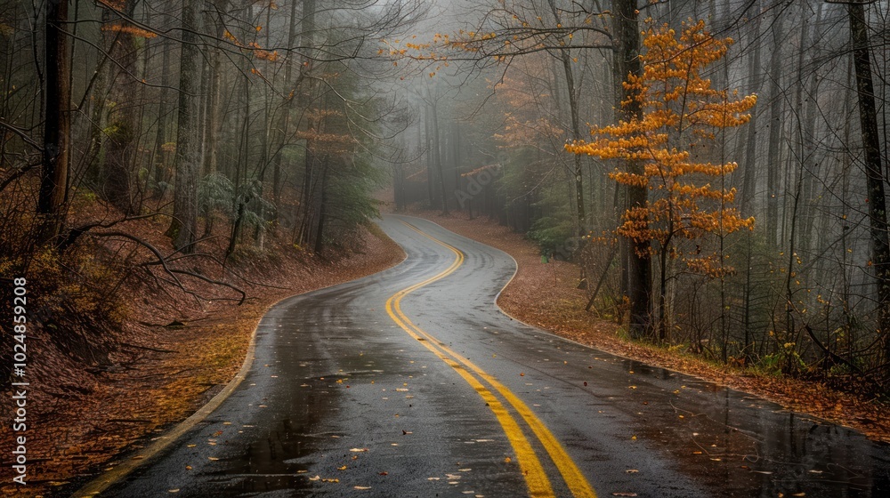 Fototapeta premium Winding country road through a misty forest adorned with autumn foliage on a rainy day. Generative AI