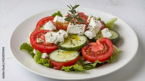 Fresh Mediterranean Salad Packed with Crisp Cucumbers, Juicy Tomatoes, Crumbled Feta Cheese, and a Drizzle of Olive Oil, Perfect for Healthy Eating