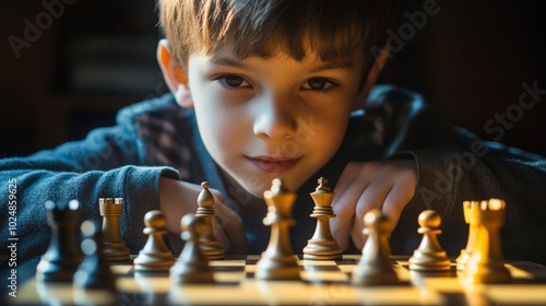 A young boy is playing chess with a set of wooden pieces