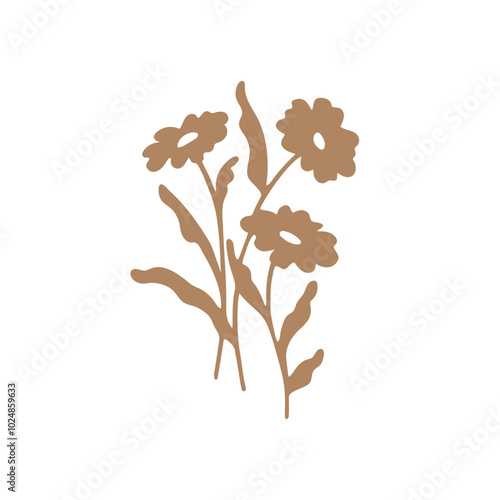 Vector illustration of camomile flower in simple hand drawn and linocut style. Simple contour vector illustration for cosmetics, postcard and pattern.