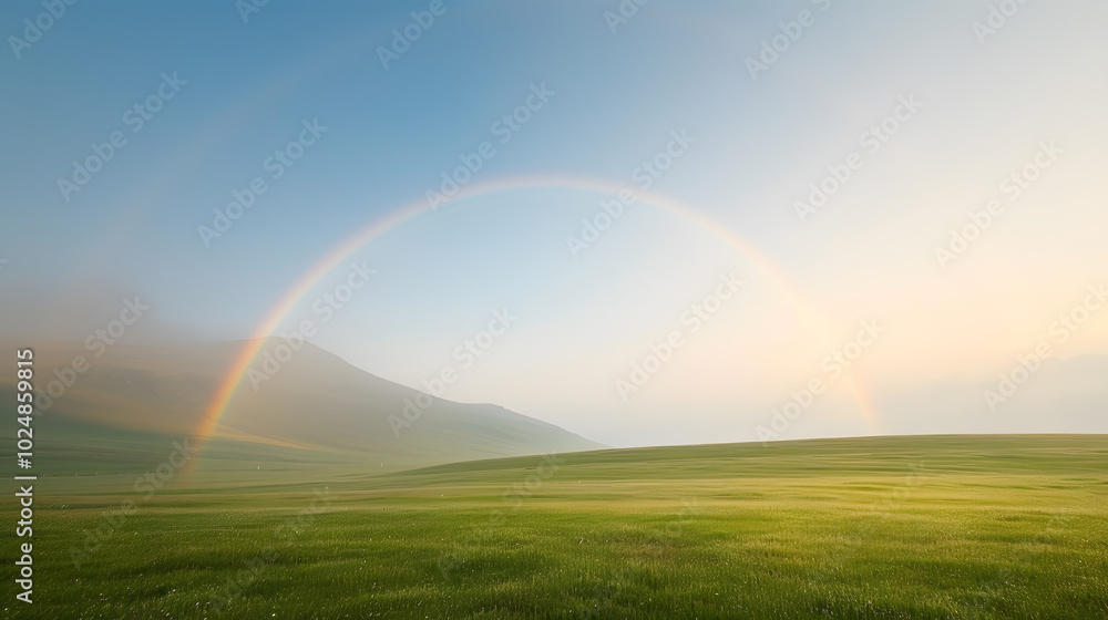 Rainbow Arcing Over a Green Meadow After a Rainstorm | Captivating Nature Scene Symbolising Hope and Renewal Rainbow Arcing Over a Green Meadow After a Rainstorm | Captivating Nature Scene Symbolising Hope and Renewal