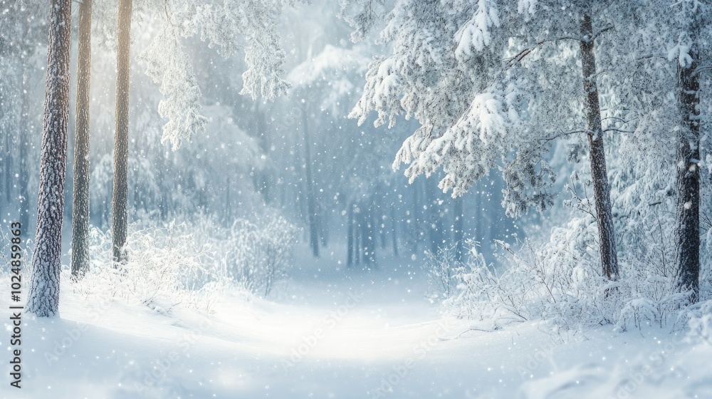 Winter forest with heavy snowfall, blurred snowflakes offering copy space Winter forest with heavy snowfall, blurred snowflakes offering copy space