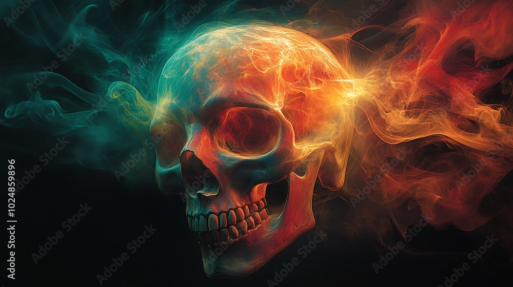 A skull disappearing and reappearing in swirling graffiti smoke, the colors—bright red, yellow, and teal—flow around its form, creating a mirage-like distortion. A skull disappearing and reappearing in swirling graffiti smoke, the colors—bright red, yellow, and teal—flow around its form, creating a mirage-like distortion.
