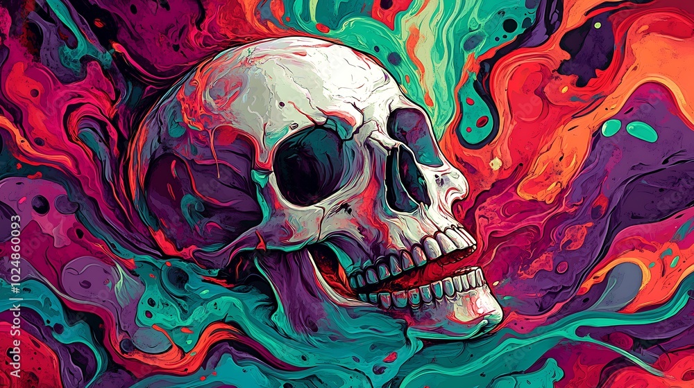 A skull disintegrating into a spiral of swirling graffiti colors, with bold neon shades like red, green, and purple twisting around it. The vortex distorts the skull’s form, A skull disintegrating into a spiral of swirling graffiti colors, with bold neon shades like red, green, and purple twisting around it. The vortex distorts the skull’s form,