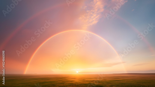 Rainbow Arcing Over a Green Meadow After a Rainstorm | Captivating Nature Scene Symbolising Hope and Renewal