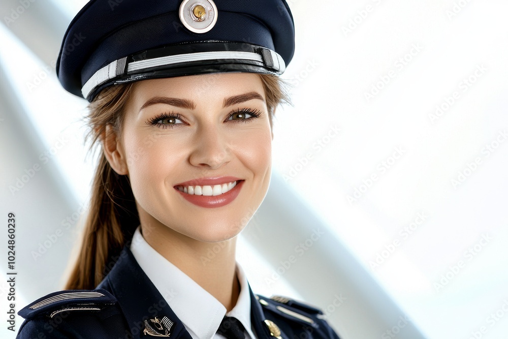 A smiling pilot lady wearing an aviator uniform, wearing headwear, isolated on a white background A smiling pilot lady wearing an aviator uniform, wearing headwear, isolated on a white background