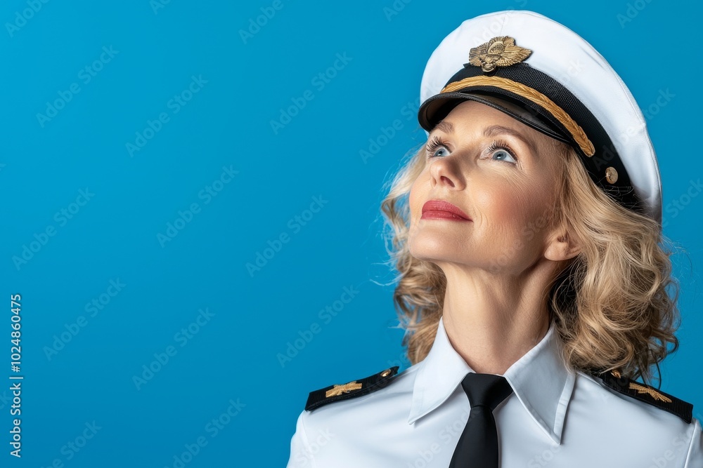 Isolated blue color background photo of dreamy happy young woman looking at an empty space with a smile in good mood Isolated blue color background photo of dreamy happy young woman looking at an empty space with a smile in good mood