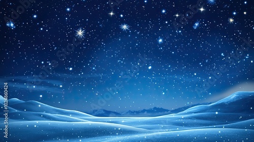 Winter night sky full of stars over a snow-covered landscape, open sky for copy space