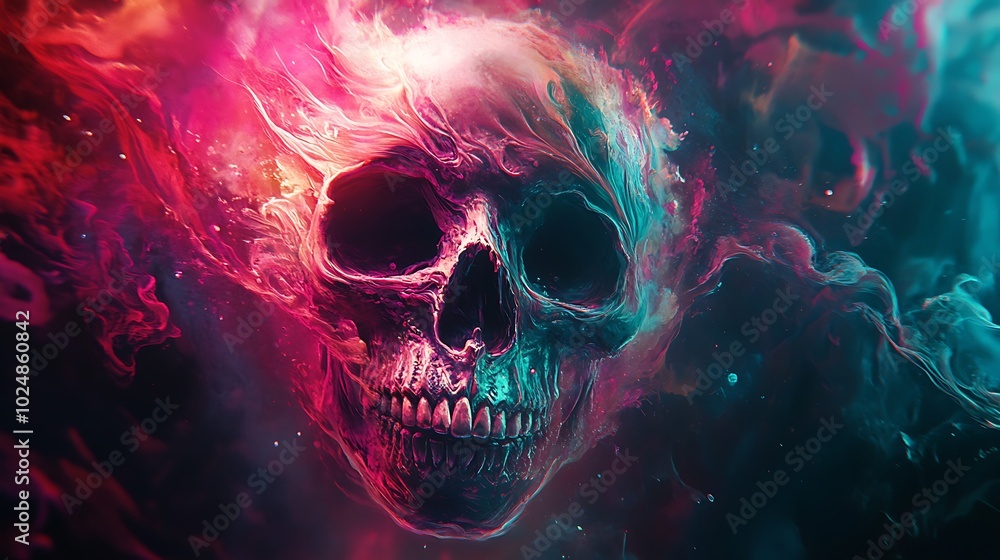 A skull dissolving into a vortex of swirling graffiti colors, with neon reds, purples, and greens twisting around it in chaotic patterns. The vortex pulls at the skull, A skull dissolving into a vortex of swirling graffiti colors, with neon reds, purples, and greens twisting around it in chaotic patterns. The vortex pulls at the skull,