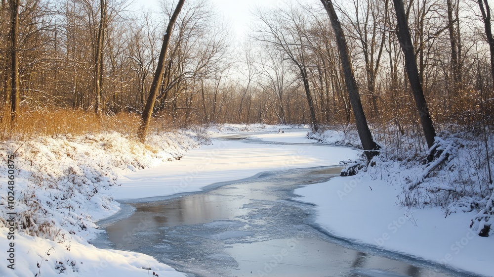 Winter scene of frozen river flowing through snow-covered forest, large blank sky for text Winter scene of frozen river flowing through snow-covered forest, large blank sky for text