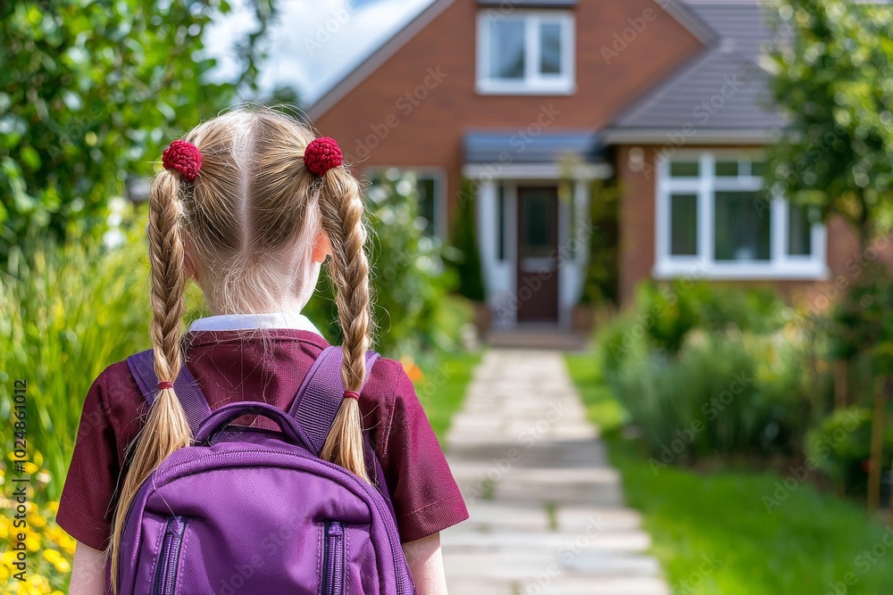 Walking alone to school in a maroon uniform. Students returning to classrooms after the COVID-19 outbreak Walking alone to school in a maroon uniform. Students returning to classrooms after the COVID-19 outbreak
