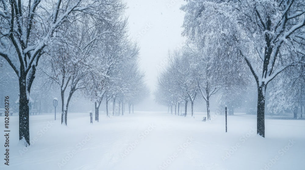 Obraz premium Winter snowstorm in an empty park with snow-covered trees and space for copy in the sky