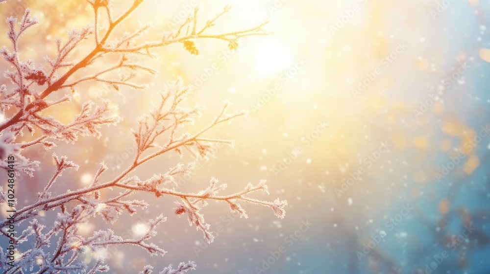 Winter sun shining through frosty tree branches with open sky for text or design Winter sun shining through frosty tree branches with open sky for text or design