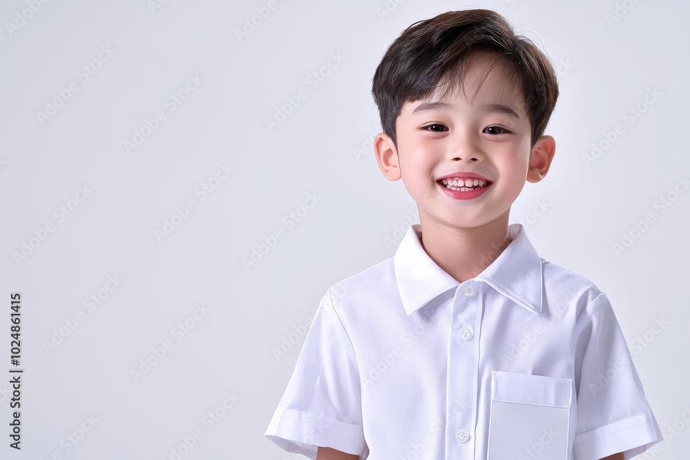 The adorable Asian toddler is smiling and wearing a Thai uniform standing in studio on a white background, Happy child back to school in their school uniform, Portrait of a toddler boy, in his school The adorable Asian toddler is smiling and wearing a Thai uniform standing in studio on a white background, Happy child back to school in their school uniform, Portrait of a toddler boy, in his school