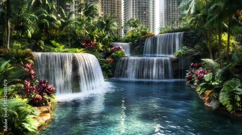 Lush Tropical Waterfalls in Urban Setting