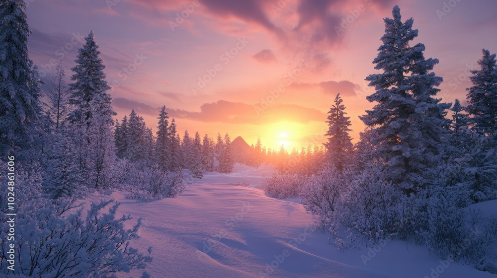 Winter sunset casting a warm glow on a snowy landscape with ample room for copy Winter sunset casting a warm glow on a snowy landscape with ample room for copy