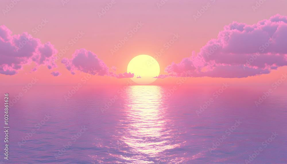 A vibrant pink and orange sunset over a calm ocean with fluffy clouds in the sky. A vibrant pink and orange sunset over a calm ocean with fluffy clouds in the sky.