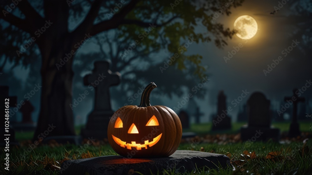 A glowing jack-o'-lantern sits on a stone in a spooky graveyard with tombstones and a full moon in the background. A glowing jack-o'-lantern sits on a stone in a spooky graveyard with tombstones and a full moon in the background.
