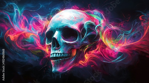 A skull engulfed in chaotic, swirling graffiti shapes and neon colors like electric blue, pink, and green. The vibrant graffiti strokes twist and wrap around the skull,