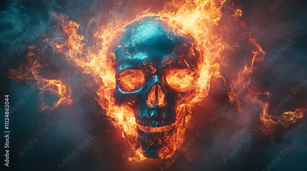 A skull engulfed in roaring flames, with abstract shapes in vivid orange, red, and bright blue hues, set against a smoky, dark backdrop. The flames curl and twist around the skull, A skull engulfed in roaring flames, with abstract shapes in vivid orange, red, and bright blue hues, set against a smoky, dark backdrop. The flames curl and twist around the skull,