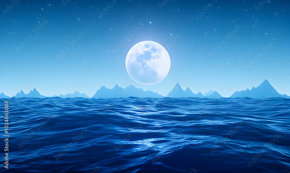 A full moon shines brightly over a calm, dark blue sea with a mountain range in the distance and a star-filled sky. A full moon shines brightly over a calm, dark blue sea with a mountain range in the distance and a star-filled sky.